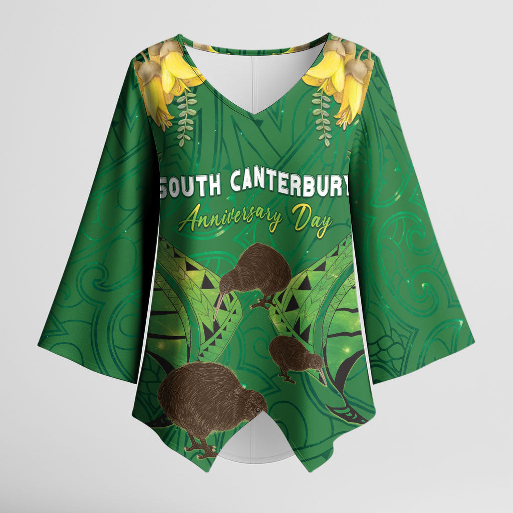 Personalised South Canterbury Anniversary Day Kimono Sleeve Blouse Kiwi Kowhai Silver Fern Maori Pattern