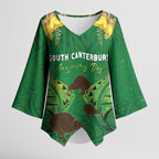 Personalised South Canterbury Anniversary Day Kimono Sleeve Blouse Kiwi Kowhai Silver Fern Maori Pattern