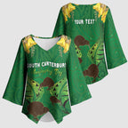 Personalised South Canterbury Anniversary Day Kimono Sleeve Blouse Kiwi Kowhai Silver Fern Maori Pattern