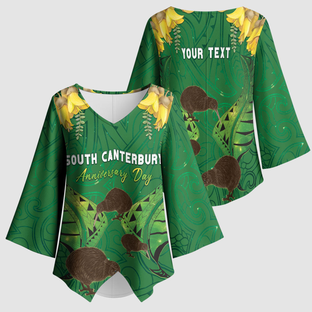 Personalised South Canterbury Anniversary Day Kimono Sleeve Blouse Kiwi Kowhai Silver Fern Maori Pattern