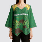 Personalised South Canterbury Anniversary Day Kimono Sleeve Blouse Kiwi Kowhai Silver Fern Maori Pattern