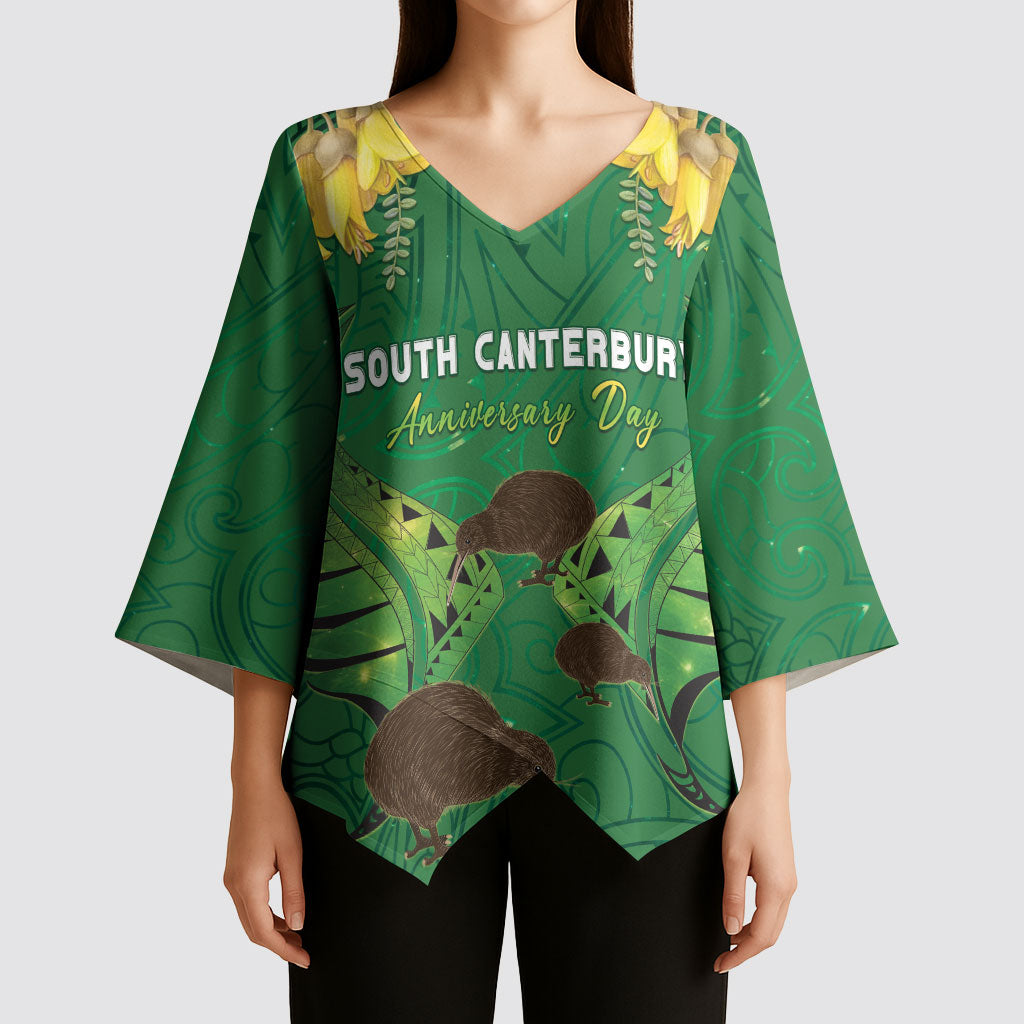 Personalised South Canterbury Anniversary Day Kimono Sleeve Blouse Kiwi Kowhai Silver Fern Maori Pattern