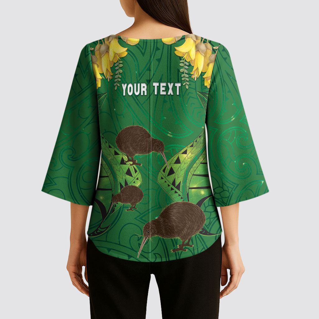 Personalised South Canterbury Anniversary Day Kimono Sleeve Blouse Kiwi Kowhai Silver Fern Maori Pattern