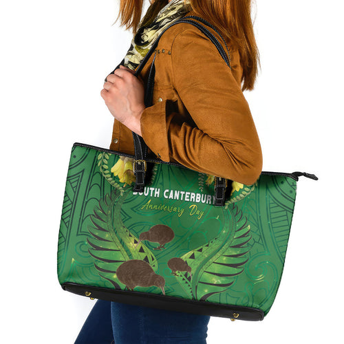 South Canterbury Anniversary Day Leather Tote Bag Kiwi Kowhai Silver Fern Maori Pattern