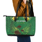 South Canterbury Anniversary Day Leather Tote Bag Kiwi Kowhai Silver Fern Maori Pattern