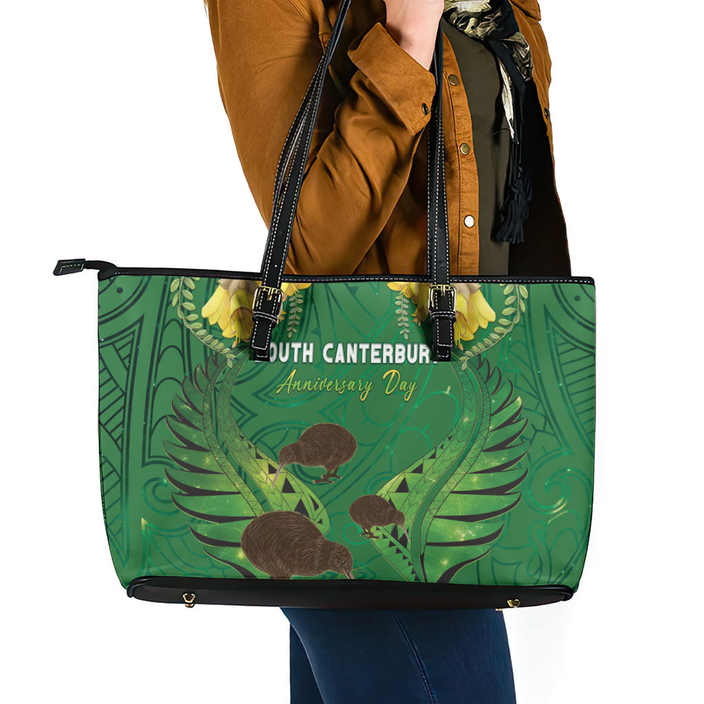 South Canterbury Anniversary Day Leather Tote Bag Kiwi Kowhai Silver Fern Maori Pattern