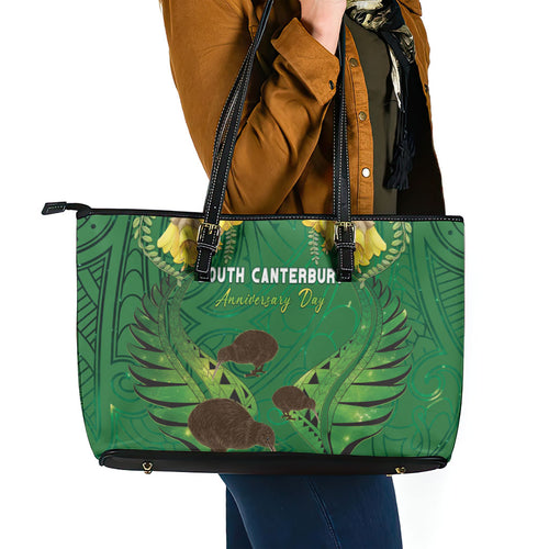 South Canterbury Anniversary Day Leather Tote Bag Kiwi Kowhai Silver Fern Maori Pattern