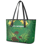 South Canterbury Anniversary Day Leather Tote Bag Kiwi Kowhai Silver Fern Maori Pattern