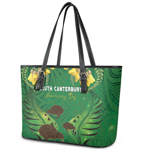 South Canterbury Anniversary Day Leather Tote Bag Kiwi Kowhai Silver Fern Maori Pattern