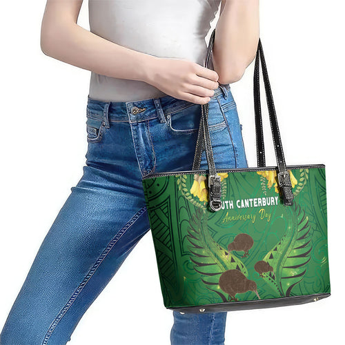 South Canterbury Anniversary Day Leather Tote Bag Kiwi Kowhai Silver Fern Maori Pattern