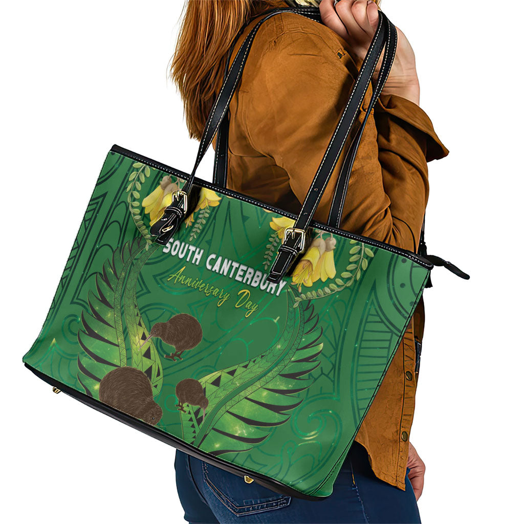 South Canterbury Anniversary Day Leather Tote Bag Kiwi Kowhai Silver Fern Maori Pattern