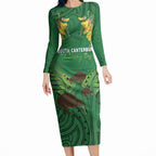 Personalised South Canterbury Anniversary Day Long Sleeve Bodycon Dress Kiwi Kowhai Silver Fern Maori Pattern