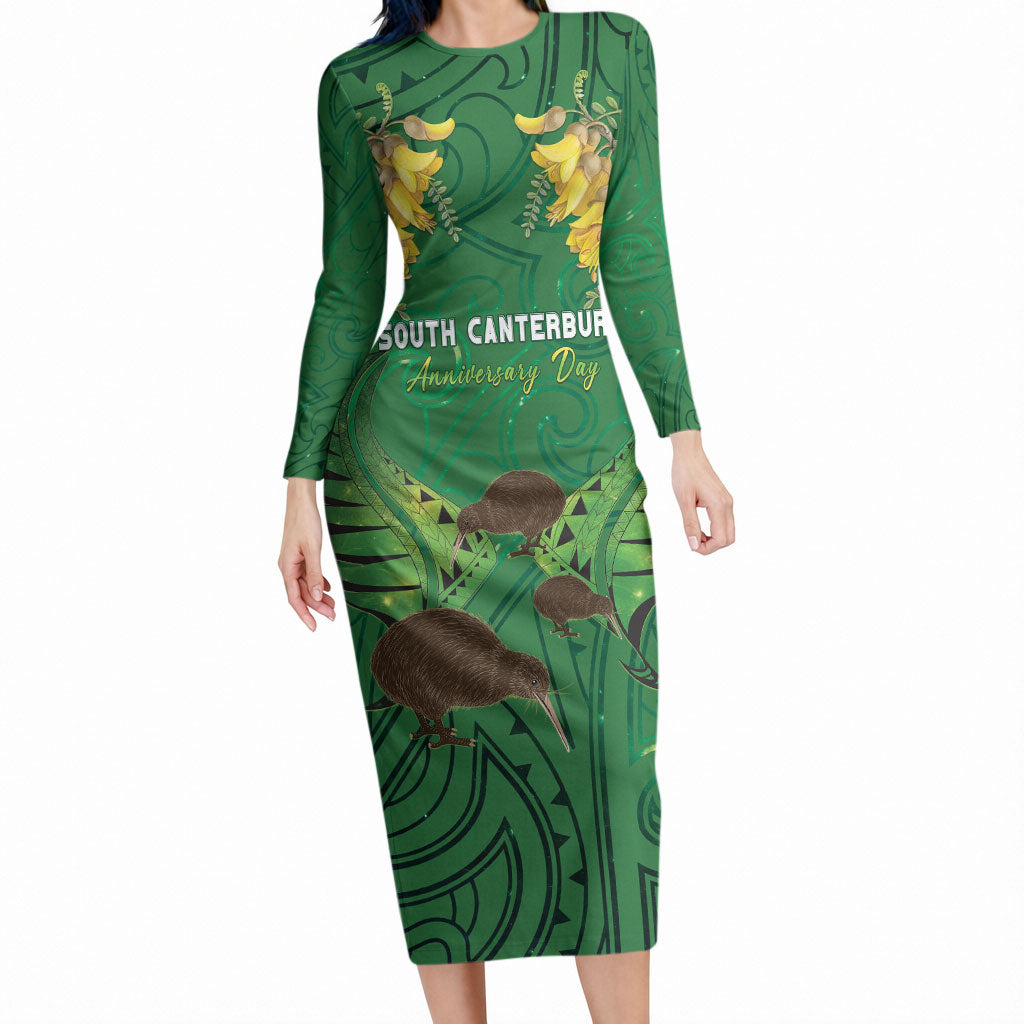 Personalised South Canterbury Anniversary Day Long Sleeve Bodycon Dress Kiwi Kowhai Silver Fern Maori Pattern