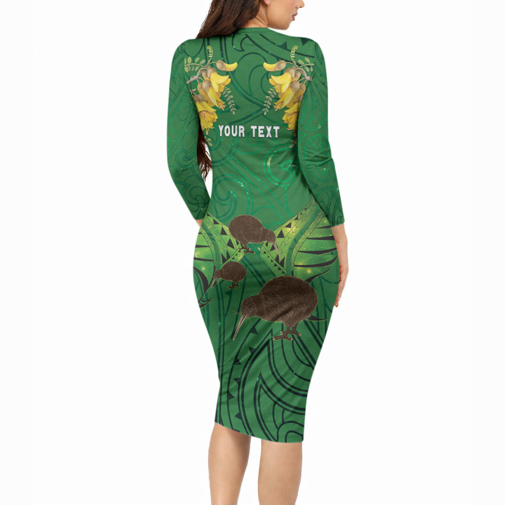 Personalised South Canterbury Anniversary Day Long Sleeve Bodycon Dress Kiwi Kowhai Silver Fern Maori Pattern