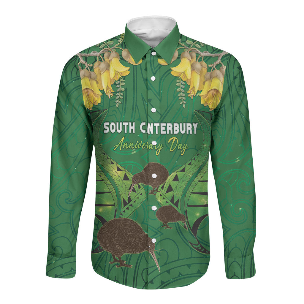Personalised South Canterbury Anniversary Day Long Sleeve Button Shirt Kiwi Kowhai Silver Fern Maori Pattern
