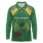 Personalised South Canterbury Anniversary Day Long Sleeve Polo Shirt Kiwi Kowhai Silver Fern Maori Pattern
