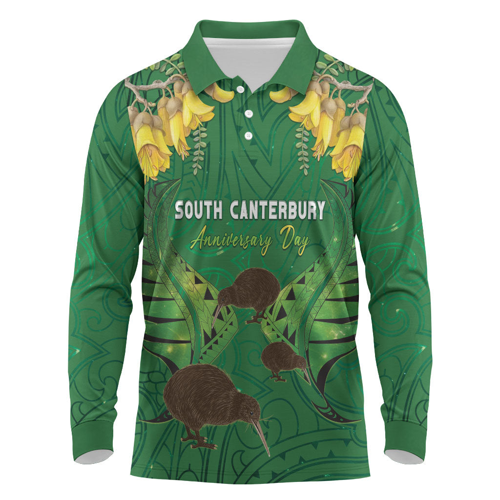 Personalised South Canterbury Anniversary Day Long Sleeve Polo Shirt Kiwi Kowhai Silver Fern Maori Pattern