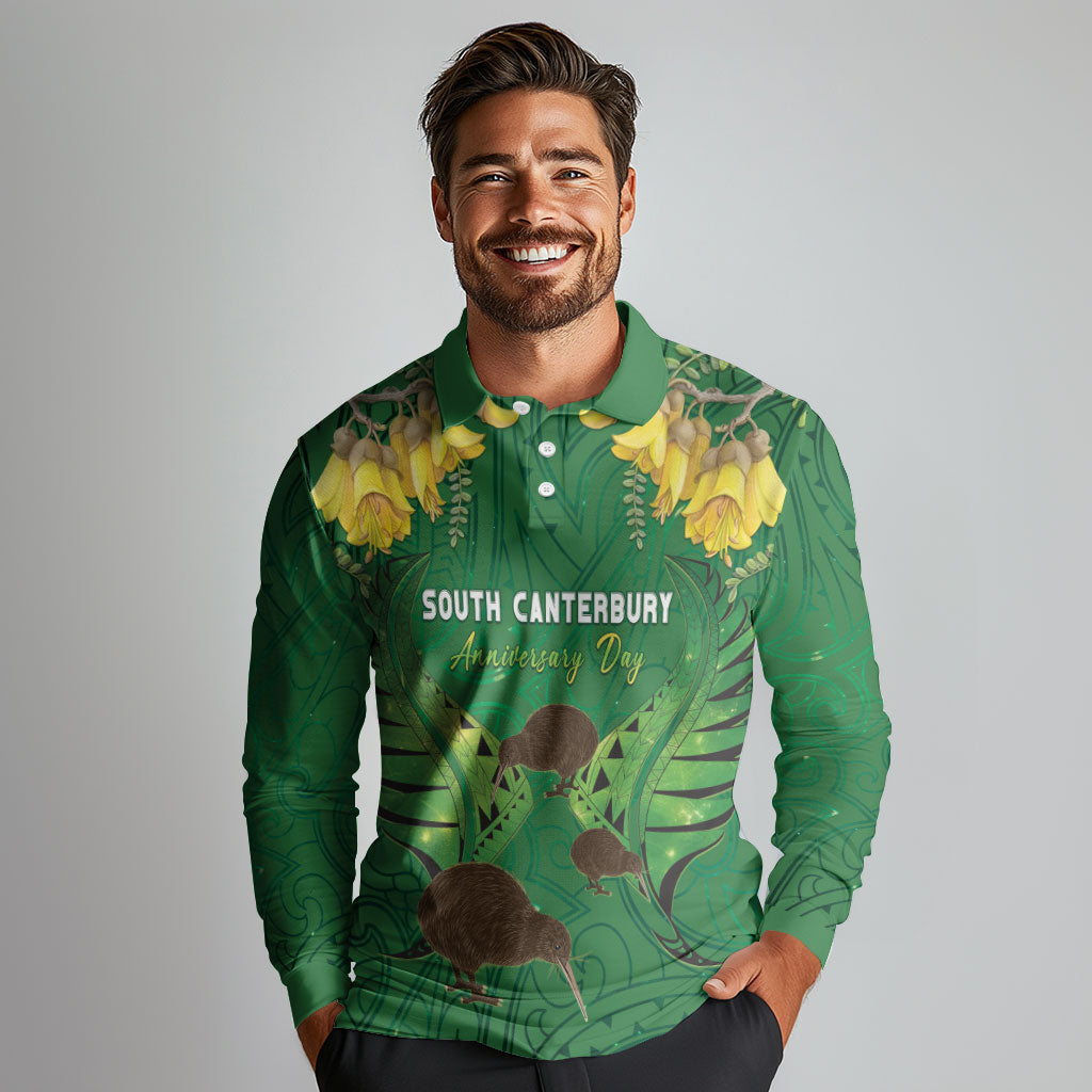 Personalised South Canterbury Anniversary Day Long Sleeve Polo Shirt Kiwi Kowhai Silver Fern Maori Pattern