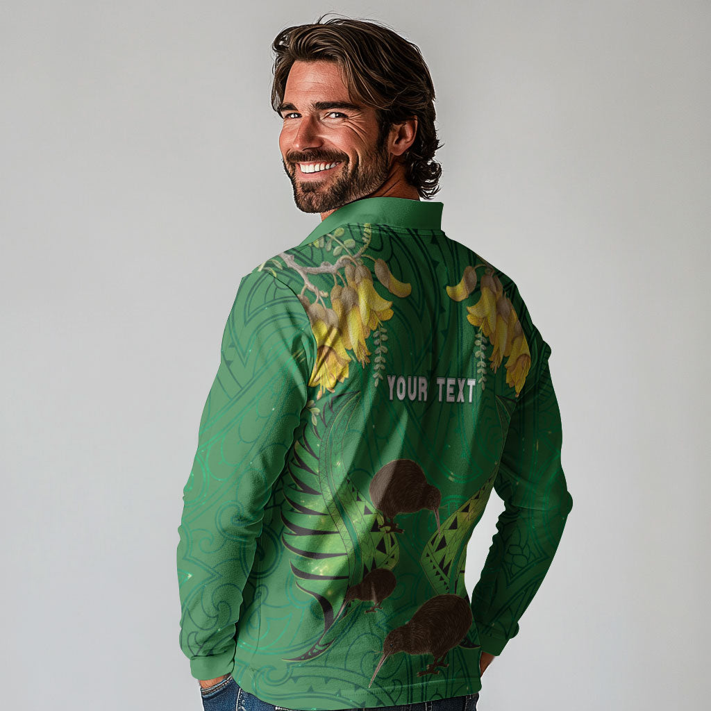 Personalised South Canterbury Anniversary Day Long Sleeve Polo Shirt Kiwi Kowhai Silver Fern Maori Pattern