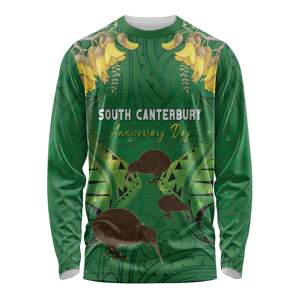 Personalised South Canterbury Anniversary Day Long Sleeve Shirt Kiwi Kowhai Silver Fern Maori Pattern