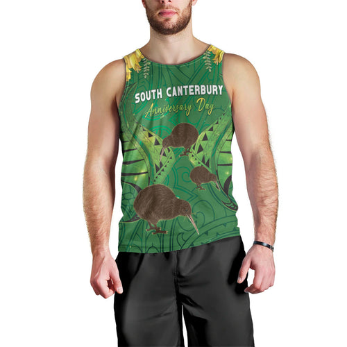 Personalised South Canterbury Anniversary Day Men Tank Top Kiwi Kowhai Silver Fern Maori Pattern