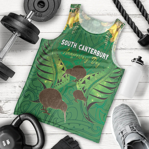 Personalised South Canterbury Anniversary Day Men Tank Top Kiwi Kowhai Silver Fern Maori Pattern