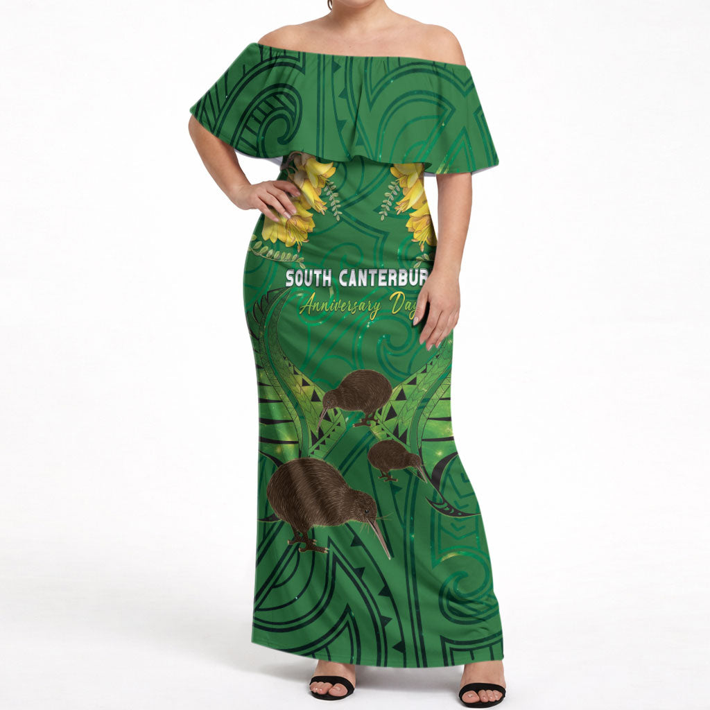 Personalised South Canterbury Anniversary Day Off Shoulder Maxi Dress Kiwi Kowhai Silver Fern Maori Pattern