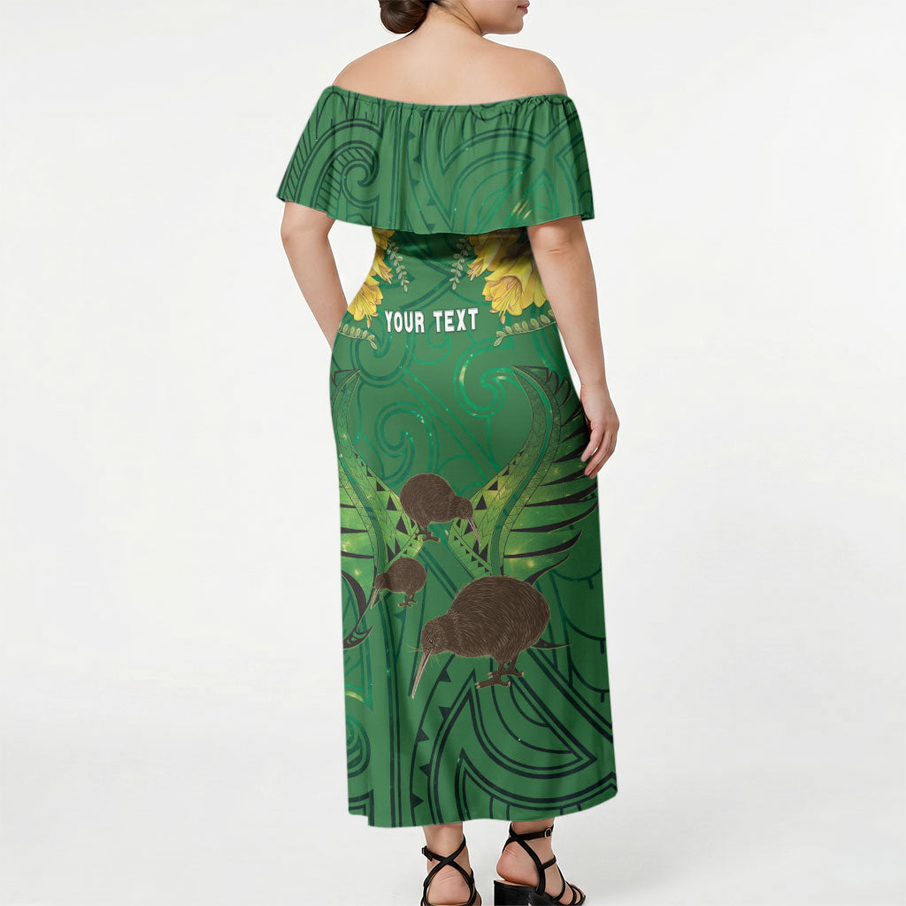Personalised South Canterbury Anniversary Day Off Shoulder Maxi Dress Kiwi Kowhai Silver Fern Maori Pattern