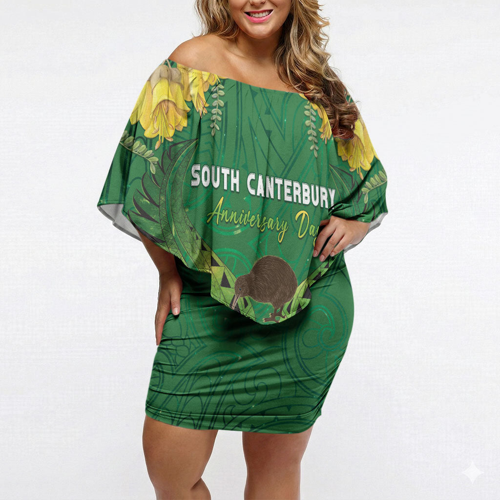 Personalised South Canterbury Anniversary Day Off Shoulder Short Dress Kiwi Kowhai Silver Fern Maori Pattern