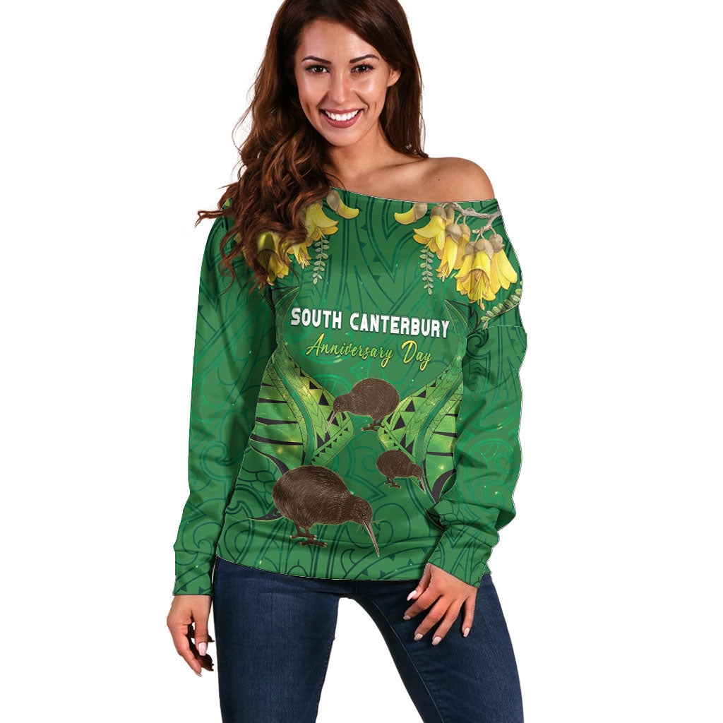 Personalised South Canterbury Anniversary Day Off Shoulder Sweater Kiwi Kowhai Silver Fern Maori Pattern