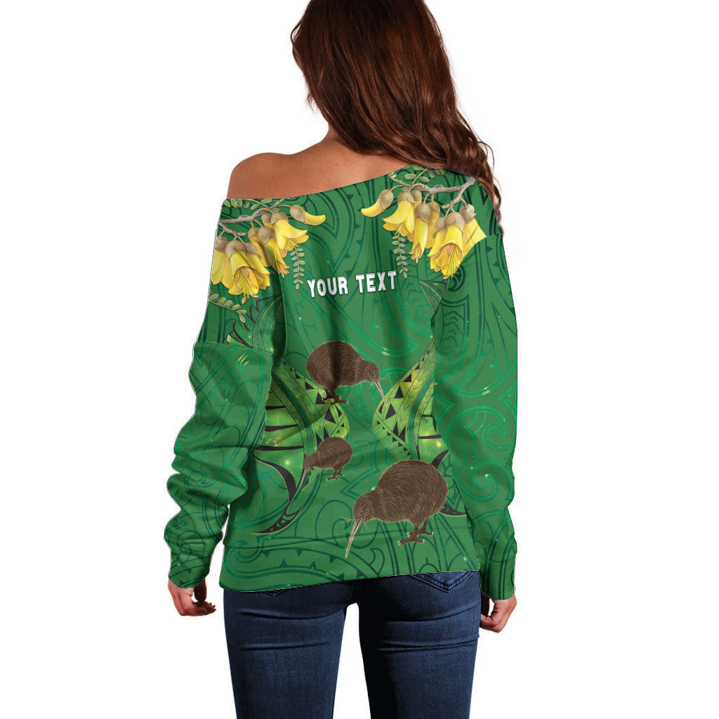 Personalised South Canterbury Anniversary Day Off Shoulder Sweater Kiwi Kowhai Silver Fern Maori Pattern