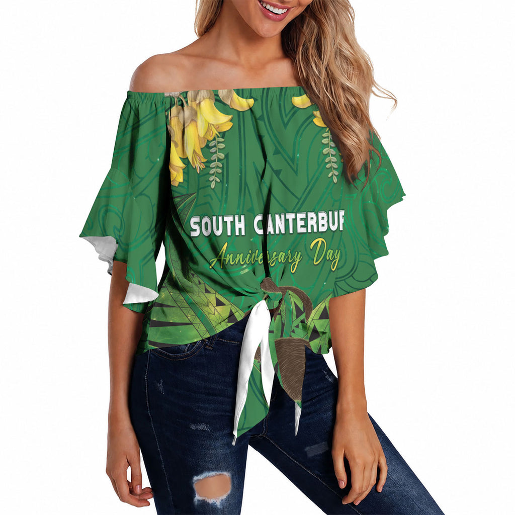 Personalised South Canterbury Anniversary Day Off Shoulder Wrap Waist Top Kiwi Kowhai Silver Fern Maori Pattern