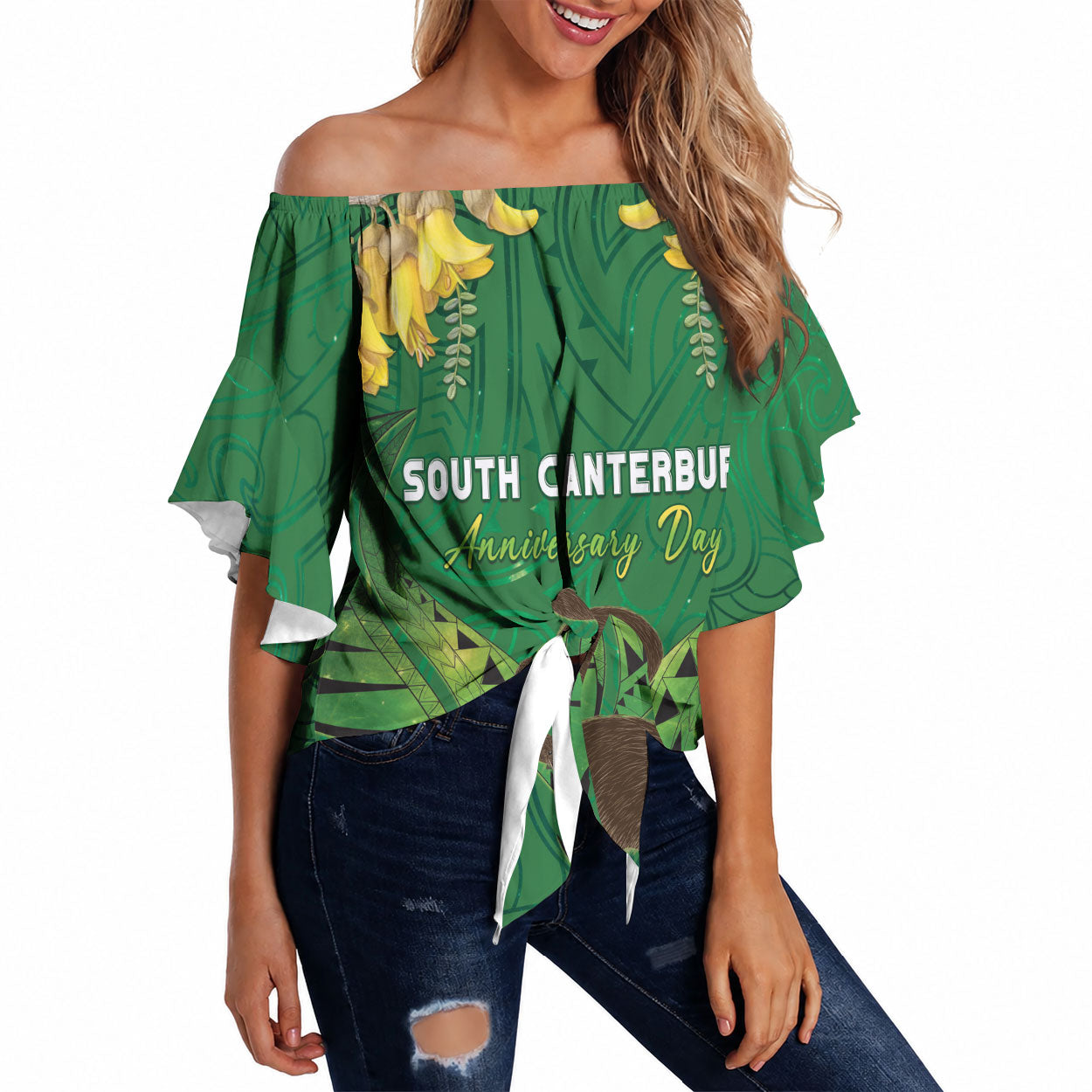 Personalised South Canterbury Anniversary Day Off Shoulder Wrap Waist Top Kiwi Kowhai Silver Fern Maori Pattern