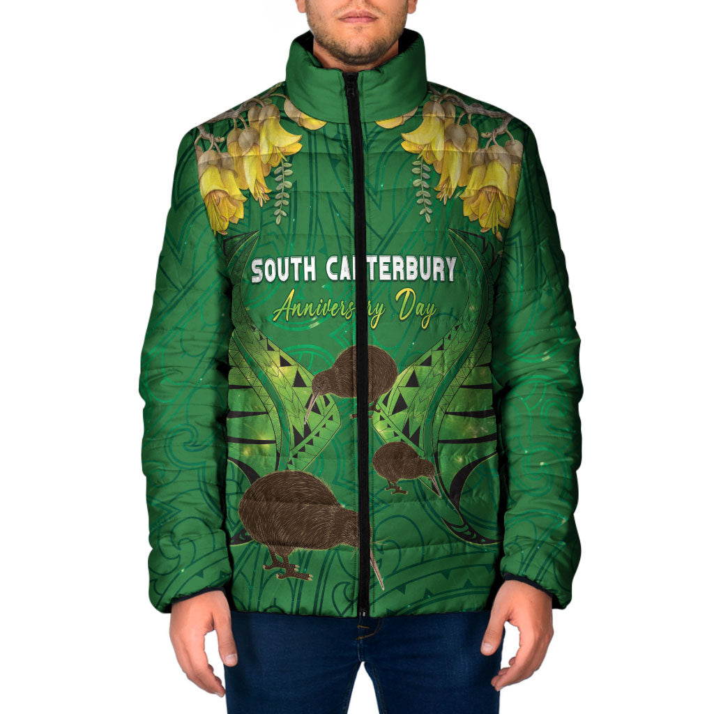 Personalised South Canterbury Anniversary Day Padded Jacket Kiwi Kowhai Silver Fern Maori Pattern