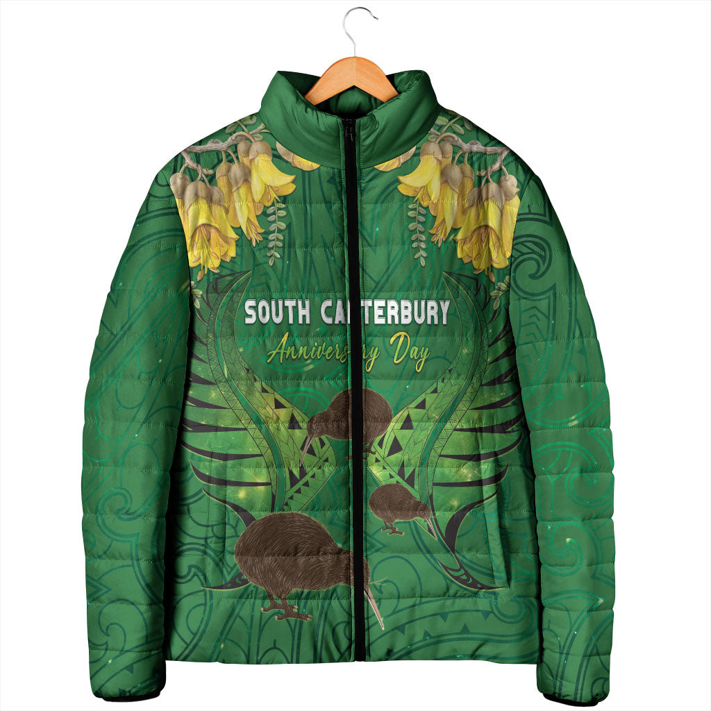 Personalised South Canterbury Anniversary Day Padded Jacket Kiwi Kowhai Silver Fern Maori Pattern