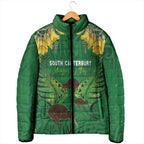 Personalised South Canterbury Anniversary Day Padded Jacket Kiwi Kowhai Silver Fern Maori Pattern