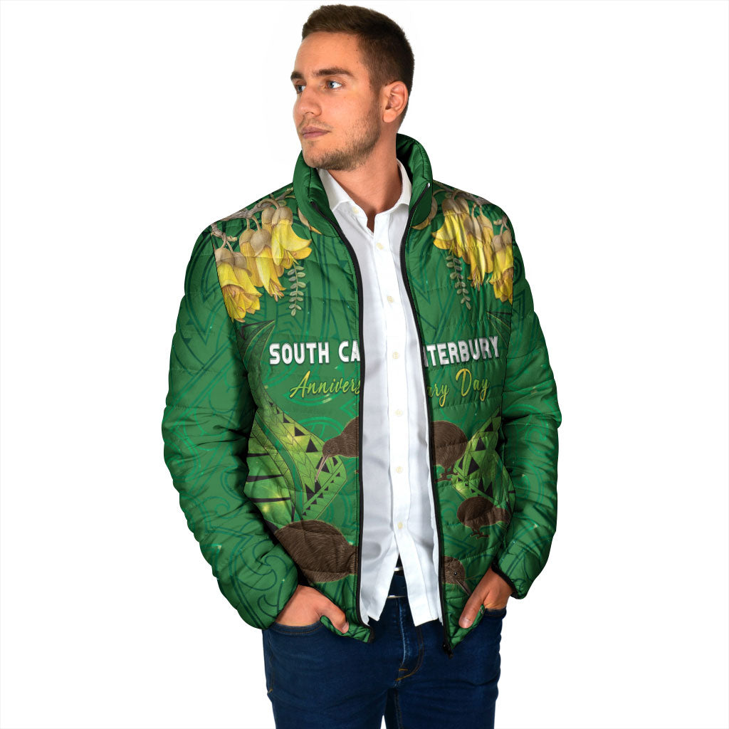 Personalised South Canterbury Anniversary Day Padded Jacket Kiwi Kowhai Silver Fern Maori Pattern
