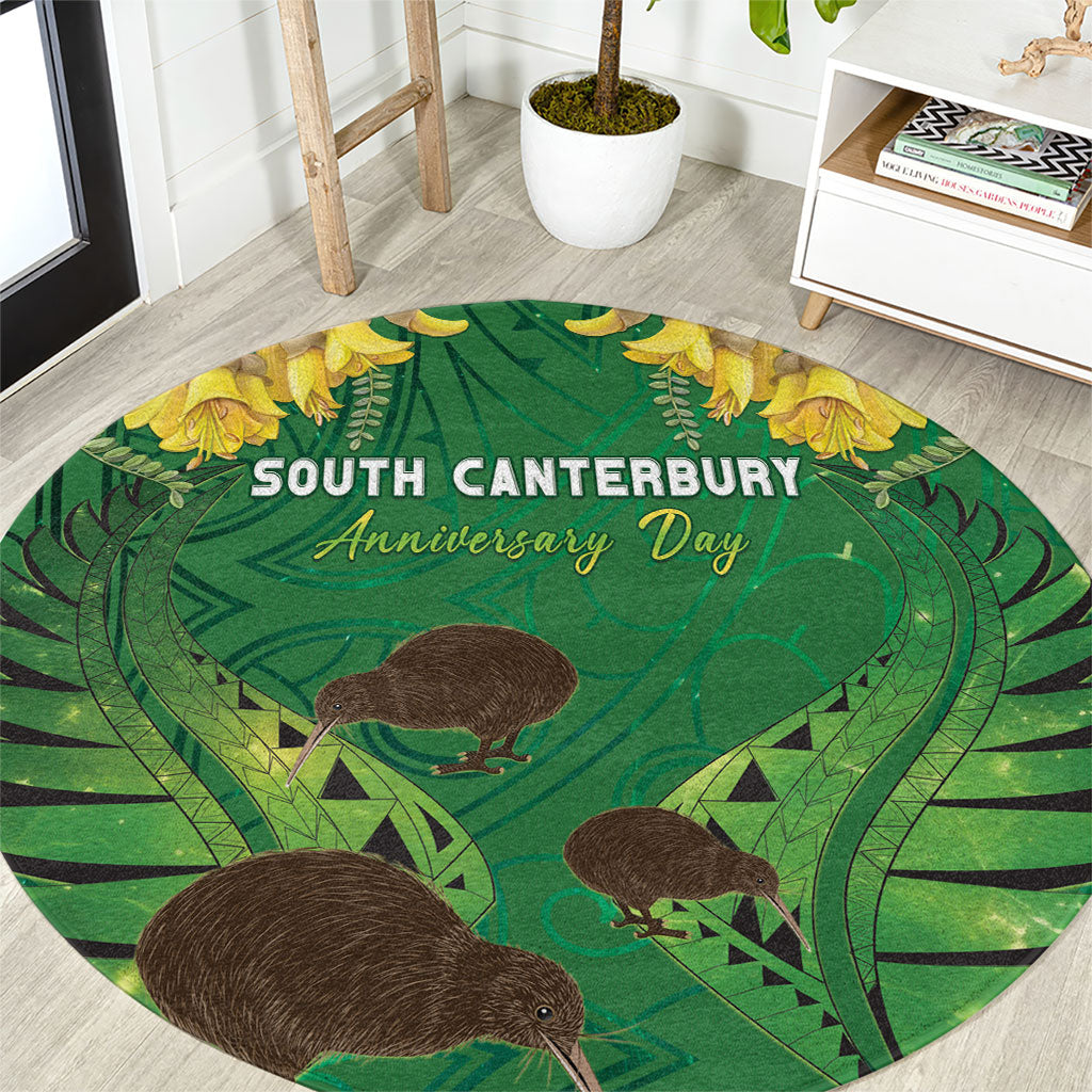 South Canterbury Anniversary Day Round Carpet Kiwi Kowhai Silver Fern Maori Pattern