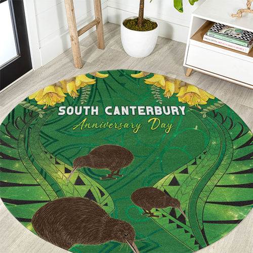 South Canterbury Anniversary Day Round Carpet Kiwi Kowhai Silver Fern Maori Pattern