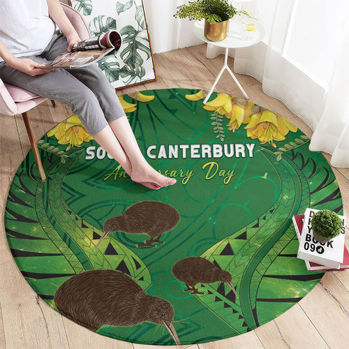 South Canterbury Anniversary Day Round Carpet Kiwi Kowhai Silver Fern Maori Pattern