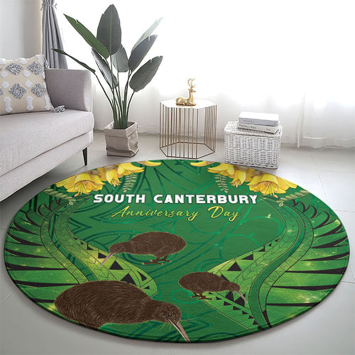 South Canterbury Anniversary Day Round Carpet Kiwi Kowhai Silver Fern Maori Pattern