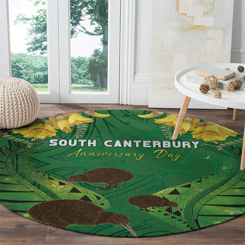 South Canterbury Anniversary Day Round Carpet Kiwi Kowhai Silver Fern Maori Pattern