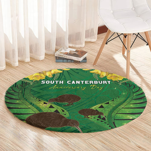 South Canterbury Anniversary Day Round Carpet Kiwi Kowhai Silver Fern Maori Pattern