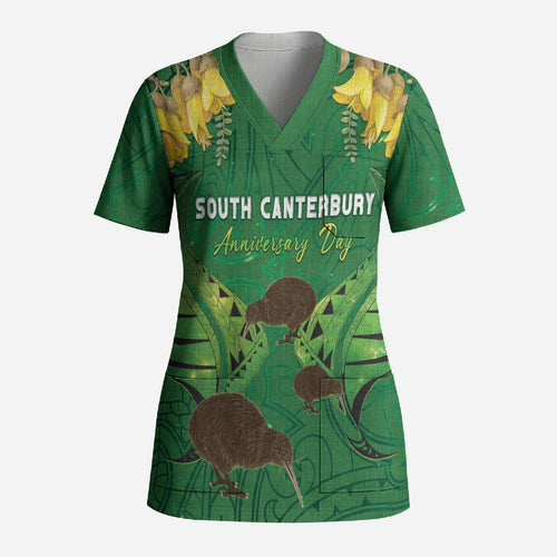Personalised South Canterbury Anniversary Day Scrub Top Kiwi Kowhai Silver Fern Maori Pattern
