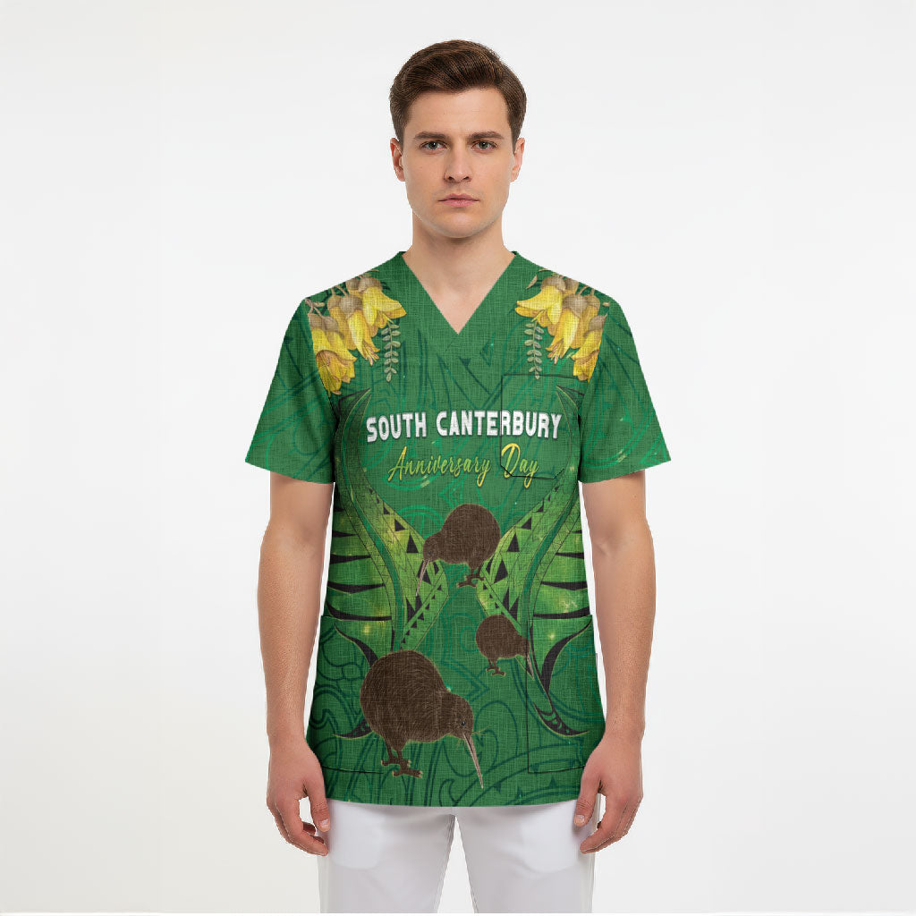 Personalised South Canterbury Anniversary Day Scrub Top Kiwi Kowhai Silver Fern Maori Pattern