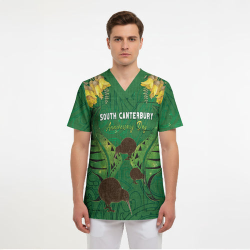 Personalised South Canterbury Anniversary Day Scrub Top Kiwi Kowhai Silver Fern Maori Pattern