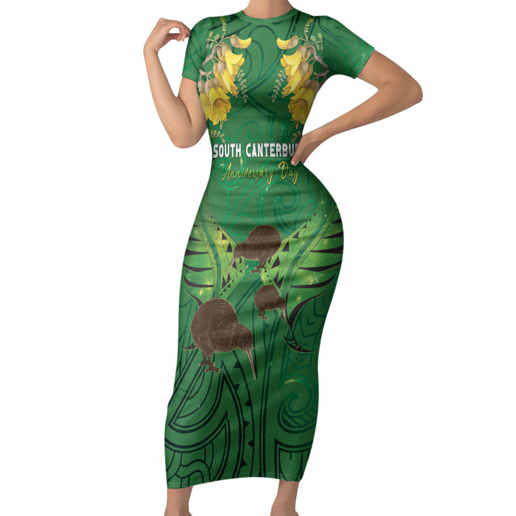 Personalised South Canterbury Anniversary Day Short Sleeve Bodycon Dress Kiwi Kowhai Silver Fern Maori Pattern