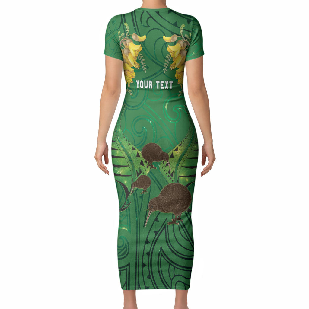 Personalised South Canterbury Anniversary Day Short Sleeve Bodycon Dress Kiwi Kowhai Silver Fern Maori Pattern