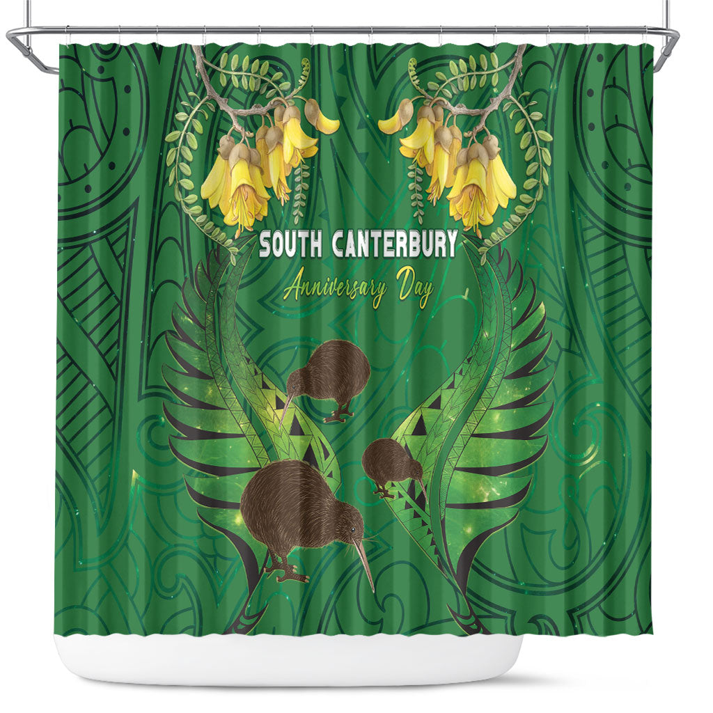 South Canterbury Anniversary Day Shower Curtain Kiwi Kowhai Silver Fern Maori Pattern