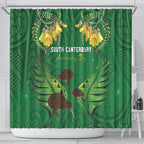 South Canterbury Anniversary Day Shower Curtain Kiwi Kowhai Silver Fern Maori Pattern